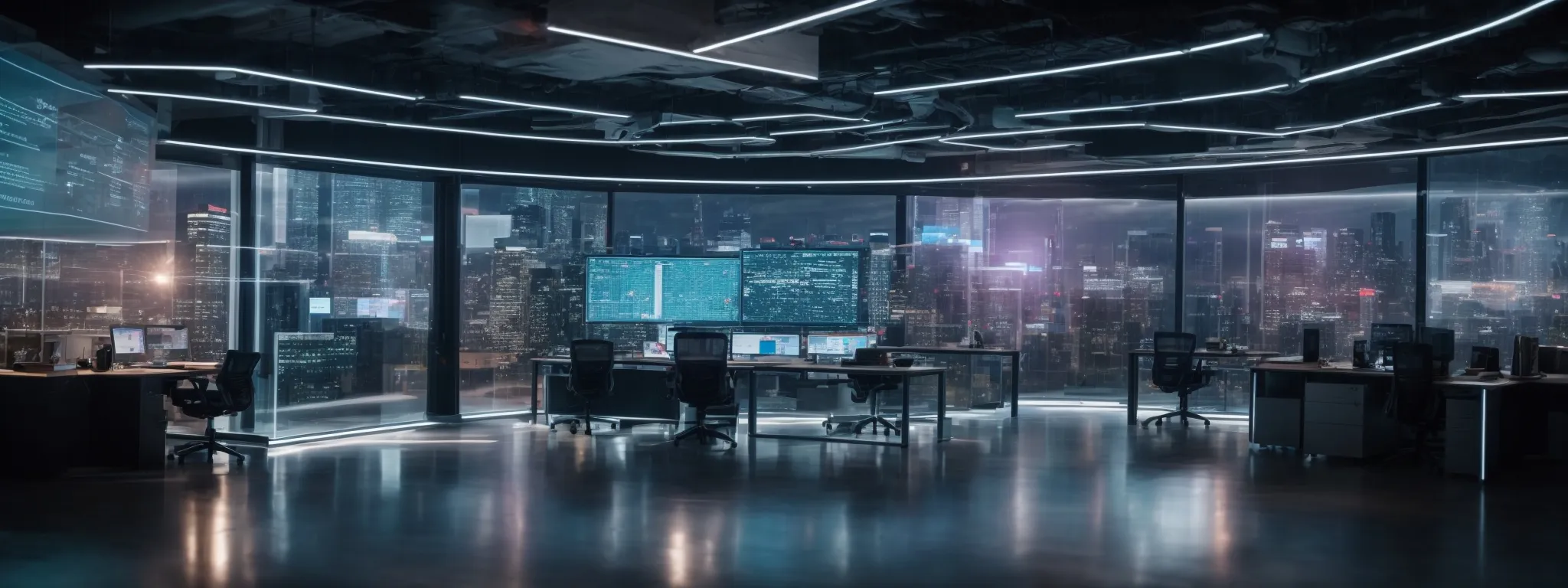 a modern office space with futuristic holographic displays showing web analytics and data trends.