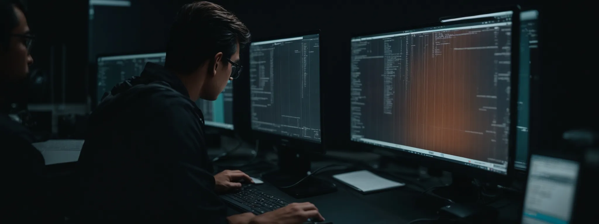 a web developer intently scrutinizes code on a computer screen, considering optimization strategies for a website's seo.