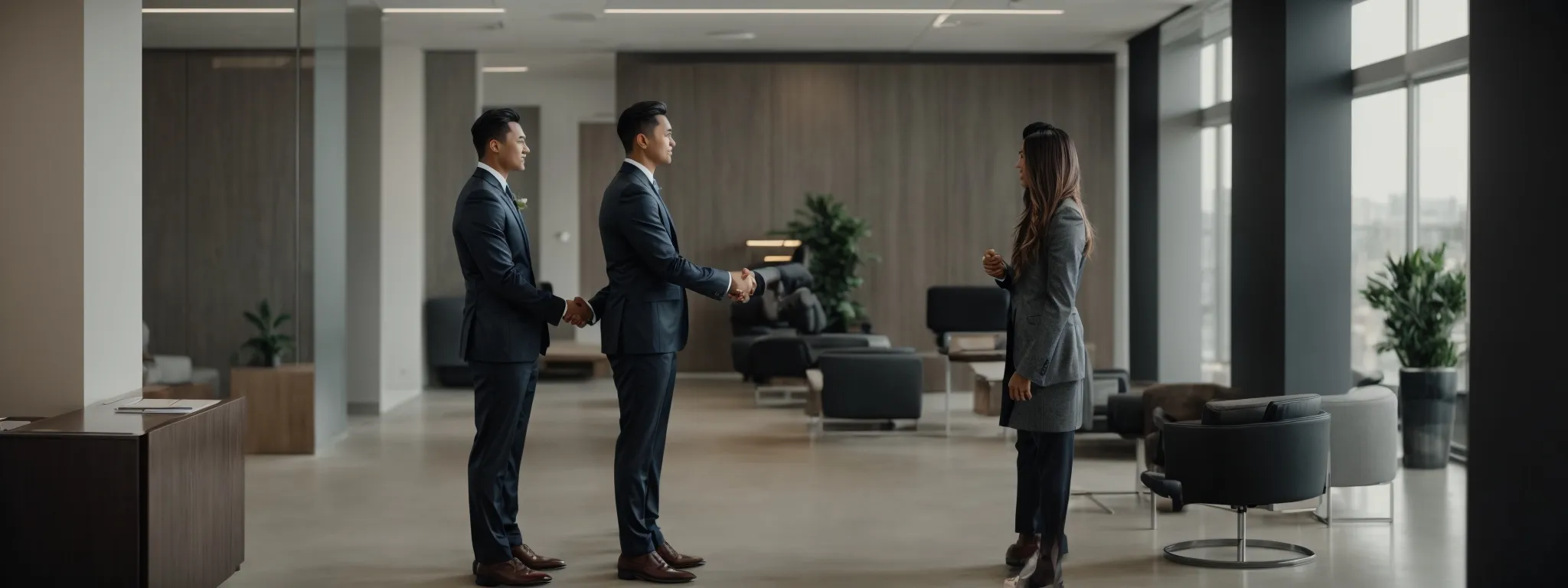 two professionals shaking hands in a sleek, modern office, symbolizing a successful partnership.
