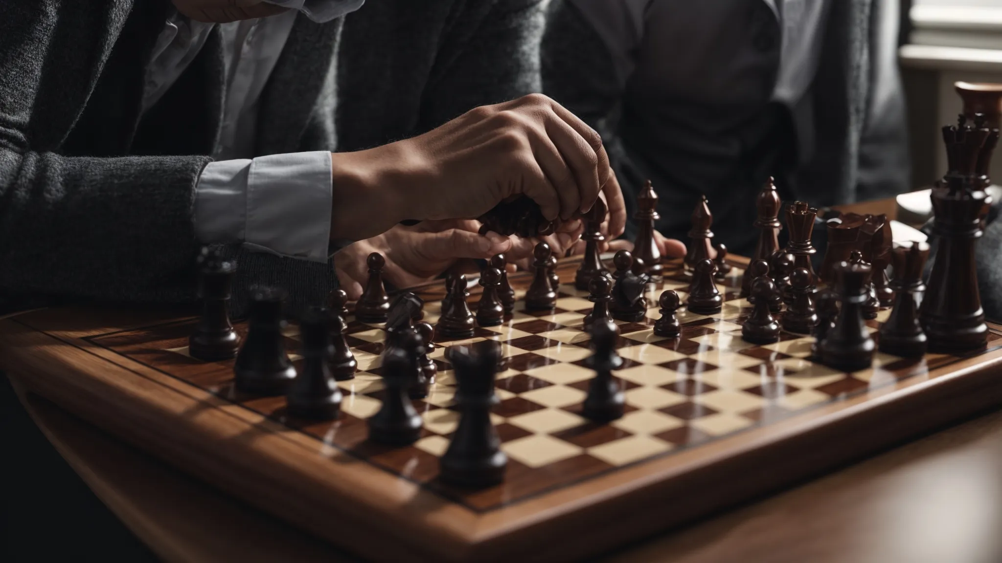 a person thoughtfully arranging chess pieces on a board, symbolizing strategic planning in seo.