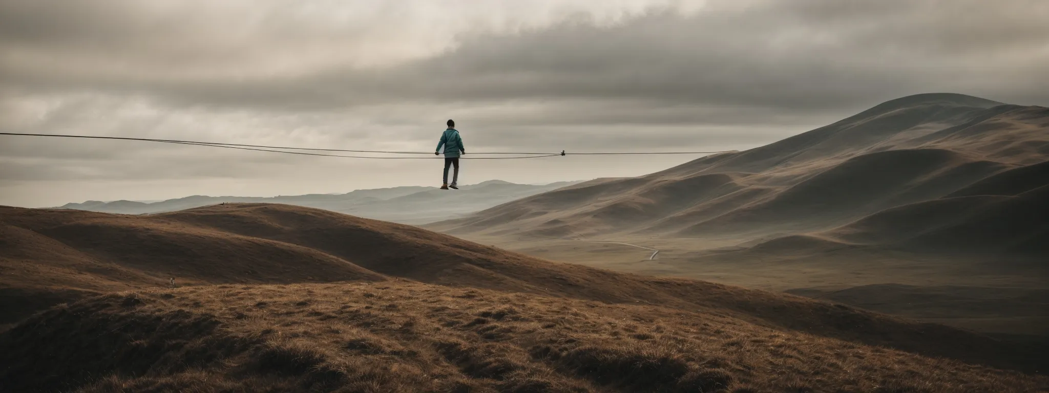 a person confidently walking a tightrope above a digital landscape symbolizing the balance between seo challenges and user engagement.