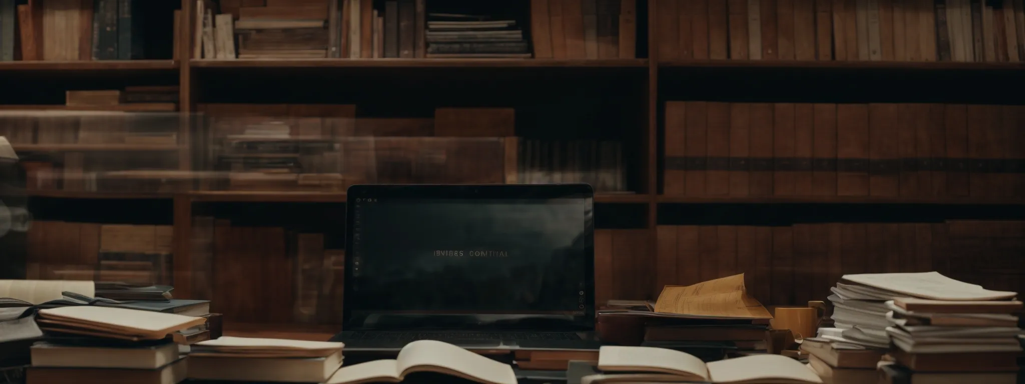 a person typing on a laptop surrounded by books and documents, symbolizing research and analysis for seo.