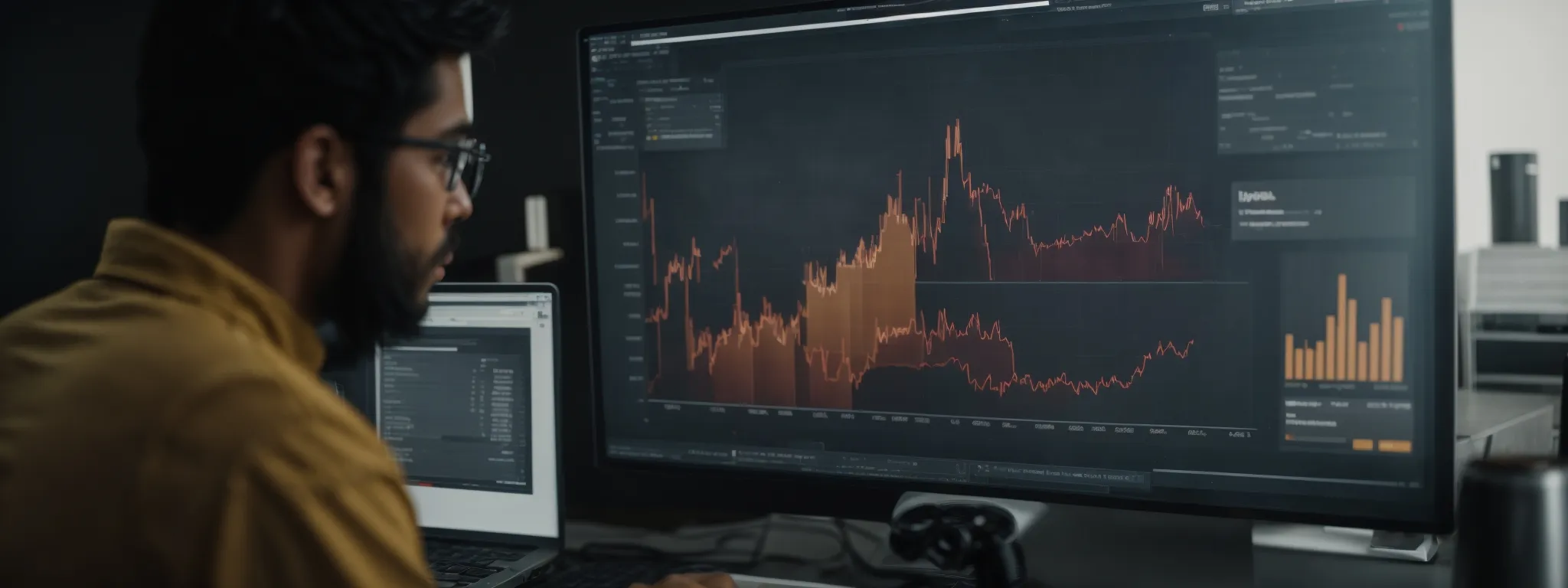 a professional analyzing complex graphs and charts on a computer screen, reflecting digital marketing progress in the travel sector.