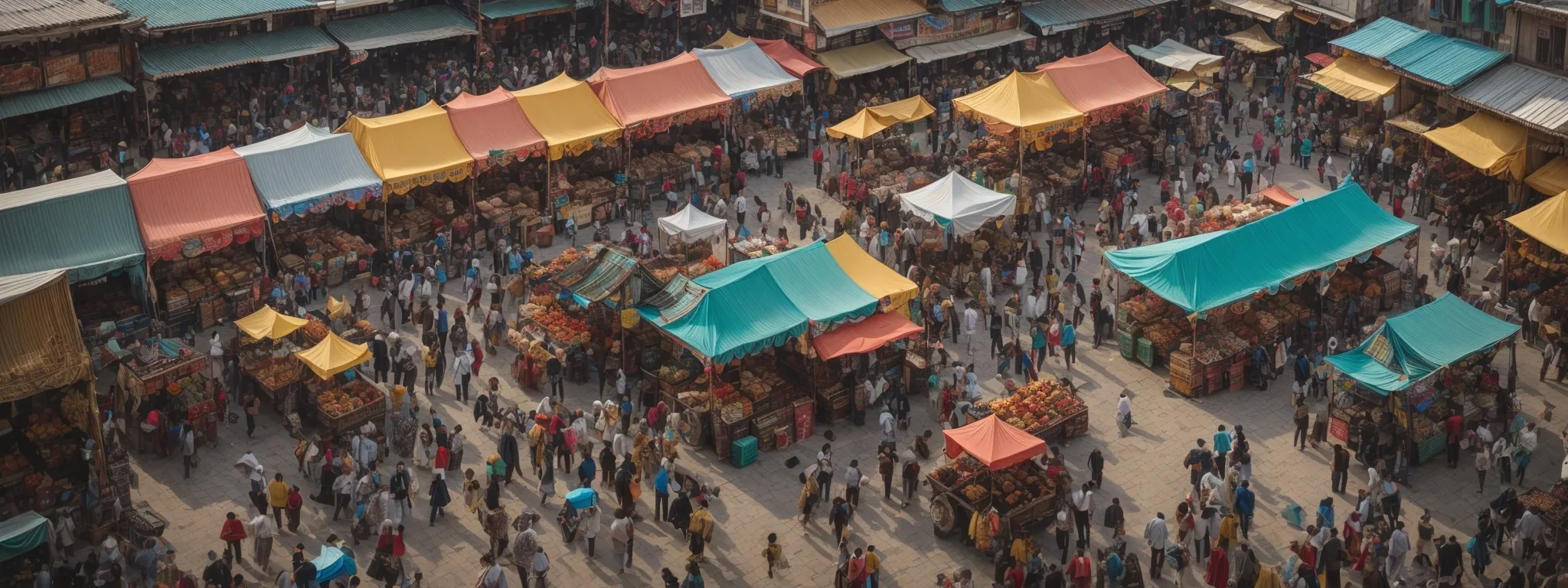 a bird's-eye view of a colorful, crowded marketplace with vendors and shoppers, illustrating the dynamics of online competition and visibility.