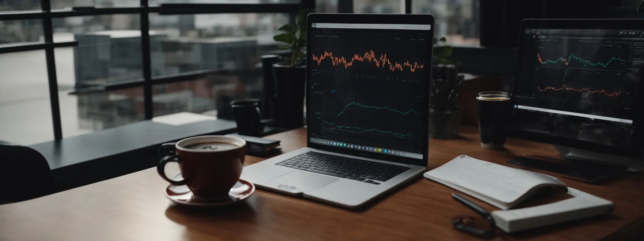 a laptop with graphs and charts on the screen, positioned on a desk alongside a coffee cup and a notepad.