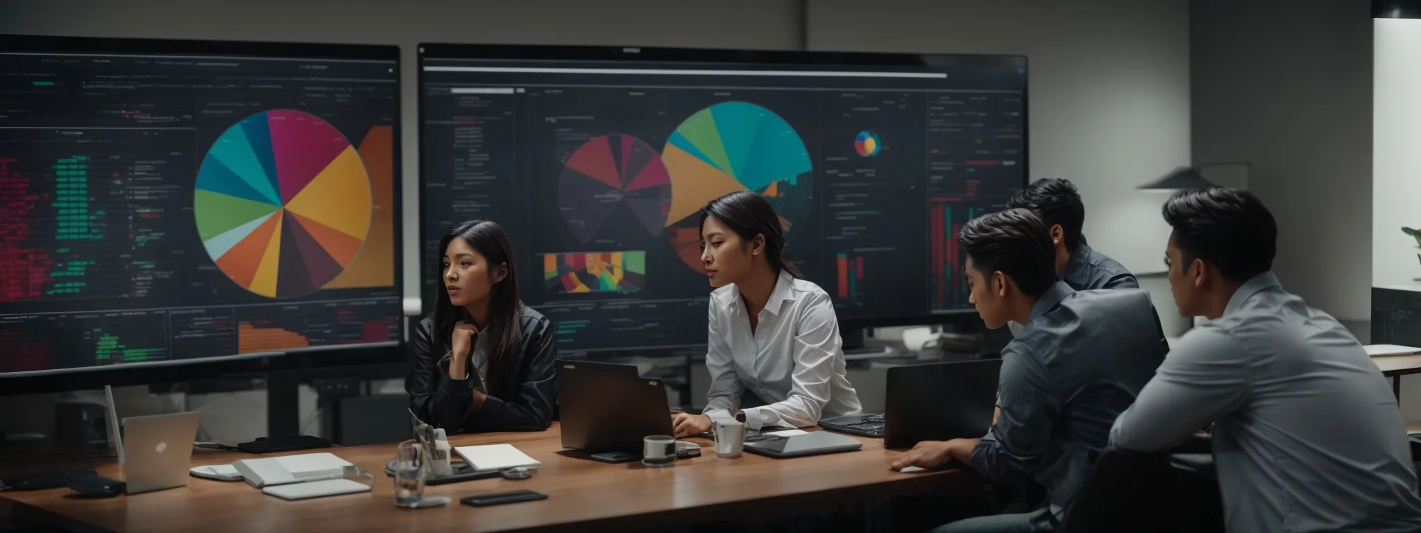 a dynamic marketing team strategizing around a large computer screen displaying colorful pie charts and data analytics.