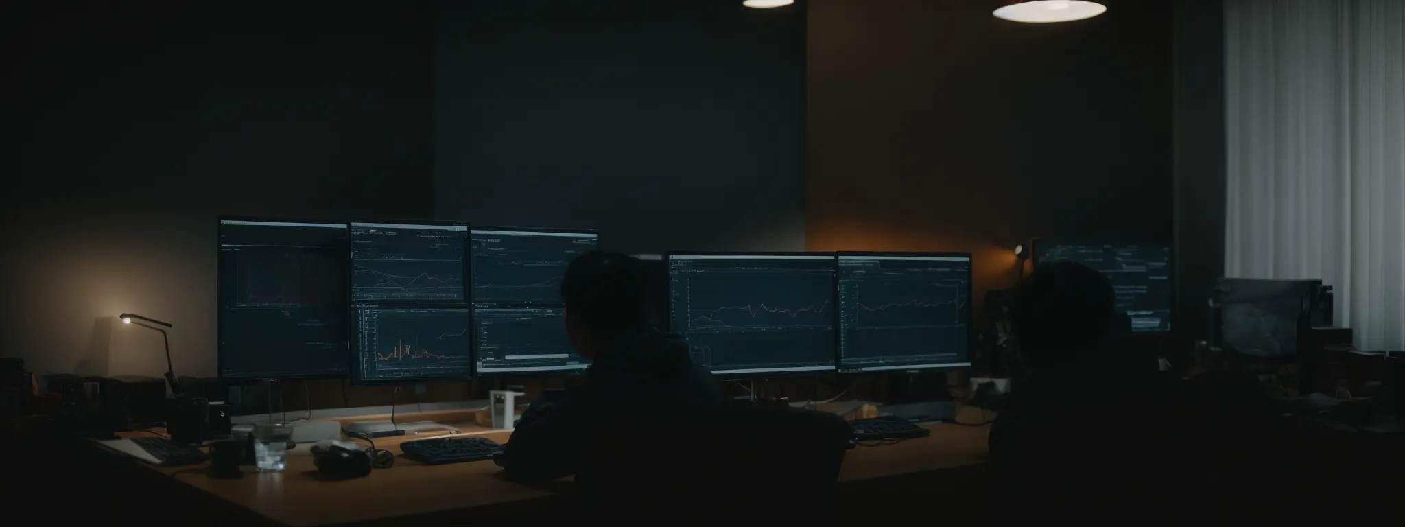 a person sitting at a computer, analyzing complex graphs and data metrics on the screen.