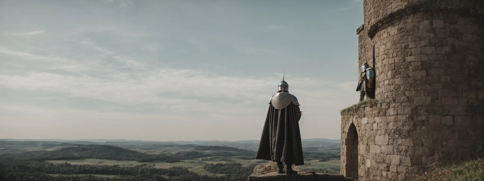 a knight in armor stands vigilant on a castle wall, scanning the distant horizon for approaching adversaries.
