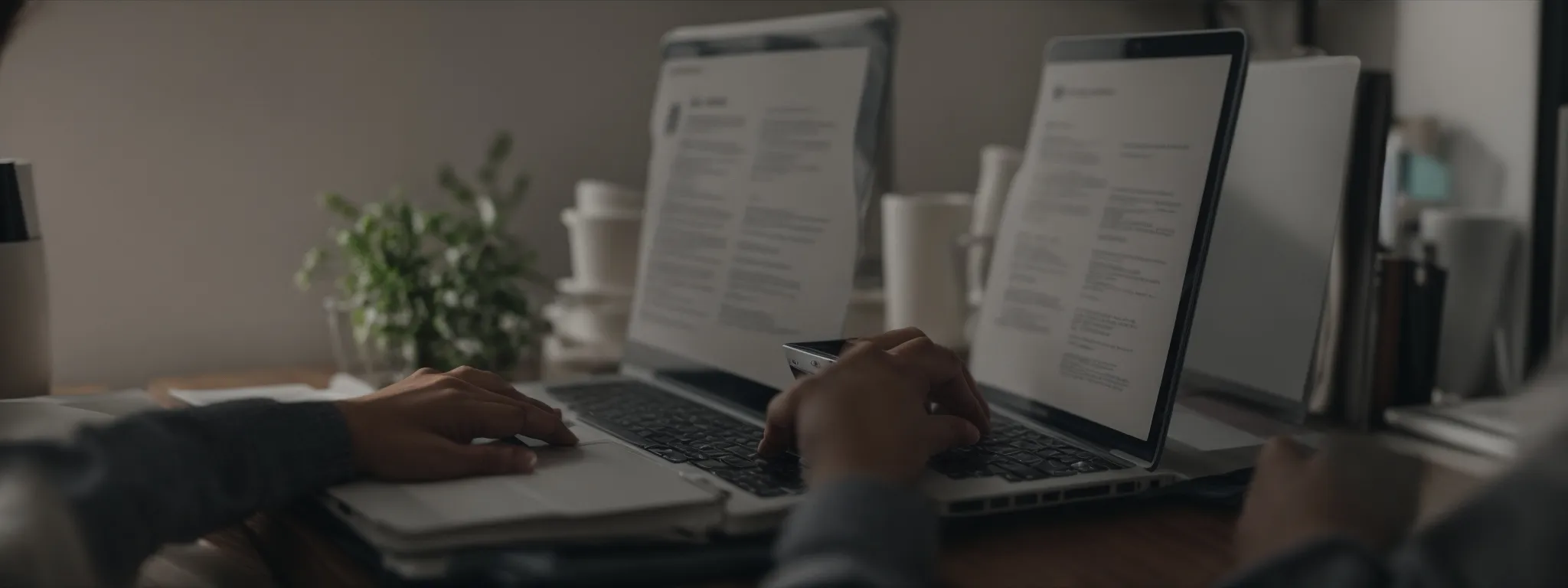 a person is studying an seo guidebook on a laptop in an office setting.