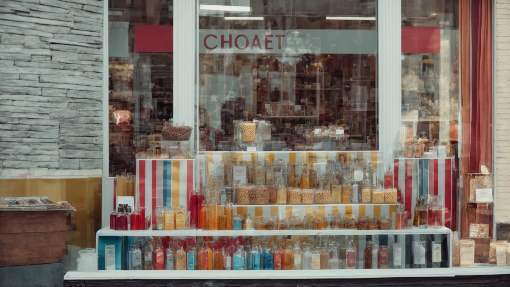 a vibrant storefront with a clear window display showcasing the business's products.