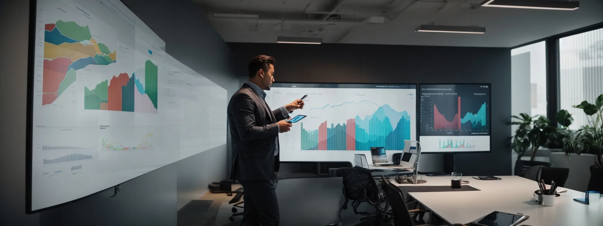 a professional in a modern office points to an interactive screen displaying vibrant graphs and charts during an seo strategy presentation.