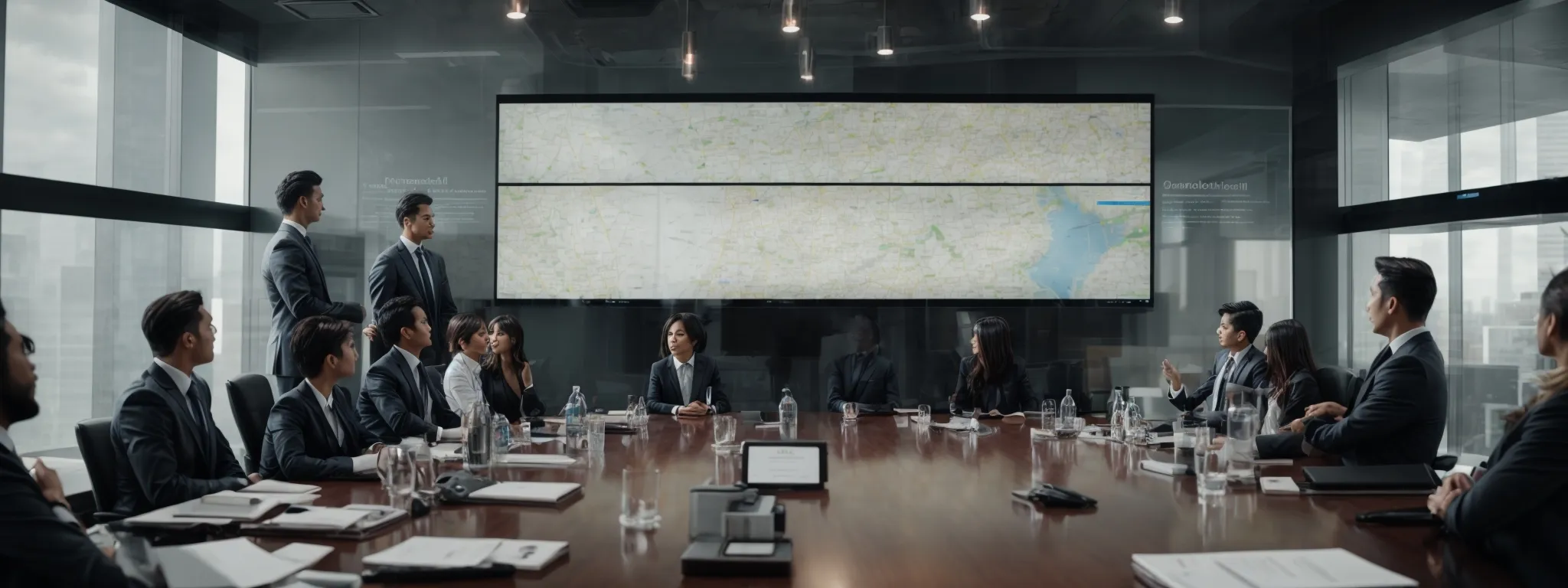a boardroom meeting with a clear visual presentation on a screen illustrating global seo results.