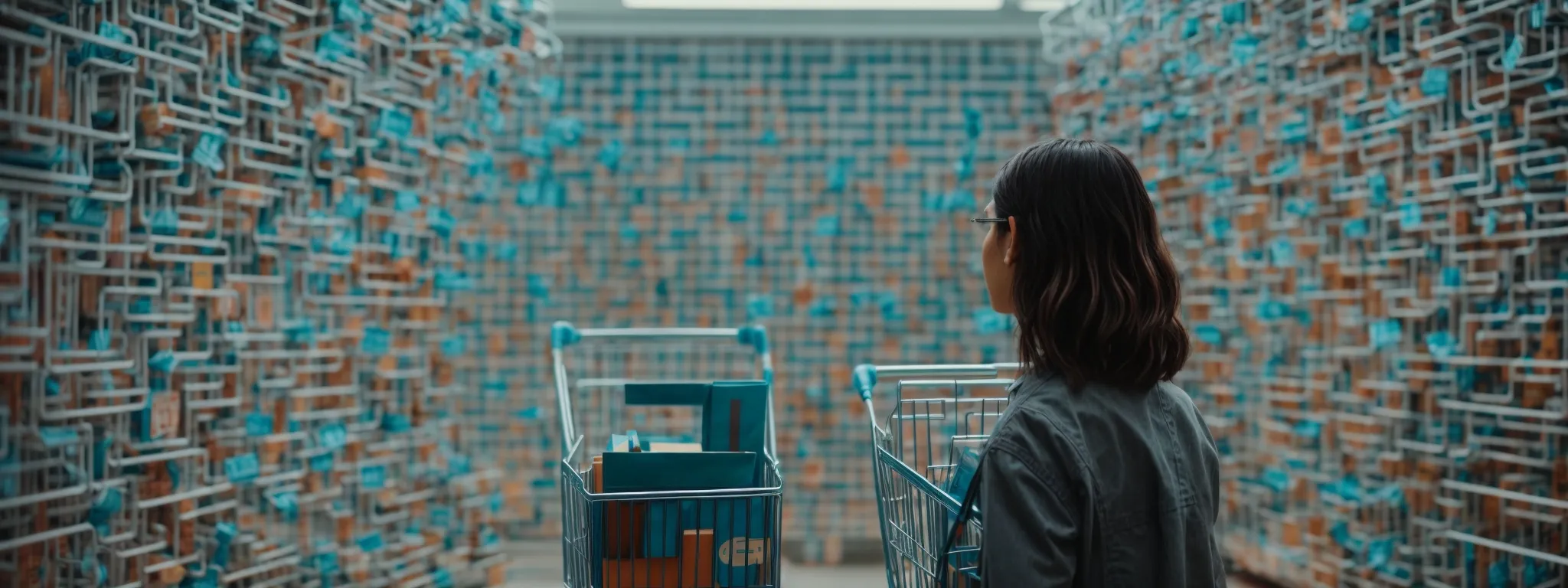 a person contemplating a maze-like shopping cart filled with seo-related icons representing the stages of the buyer's journey.
