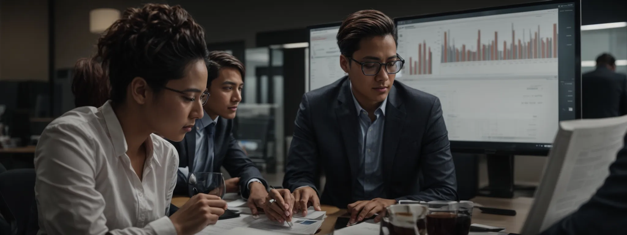 two professionals, one with a financial chart and the other with a digital marketing report, engaged in a focused discussion in an office environment.