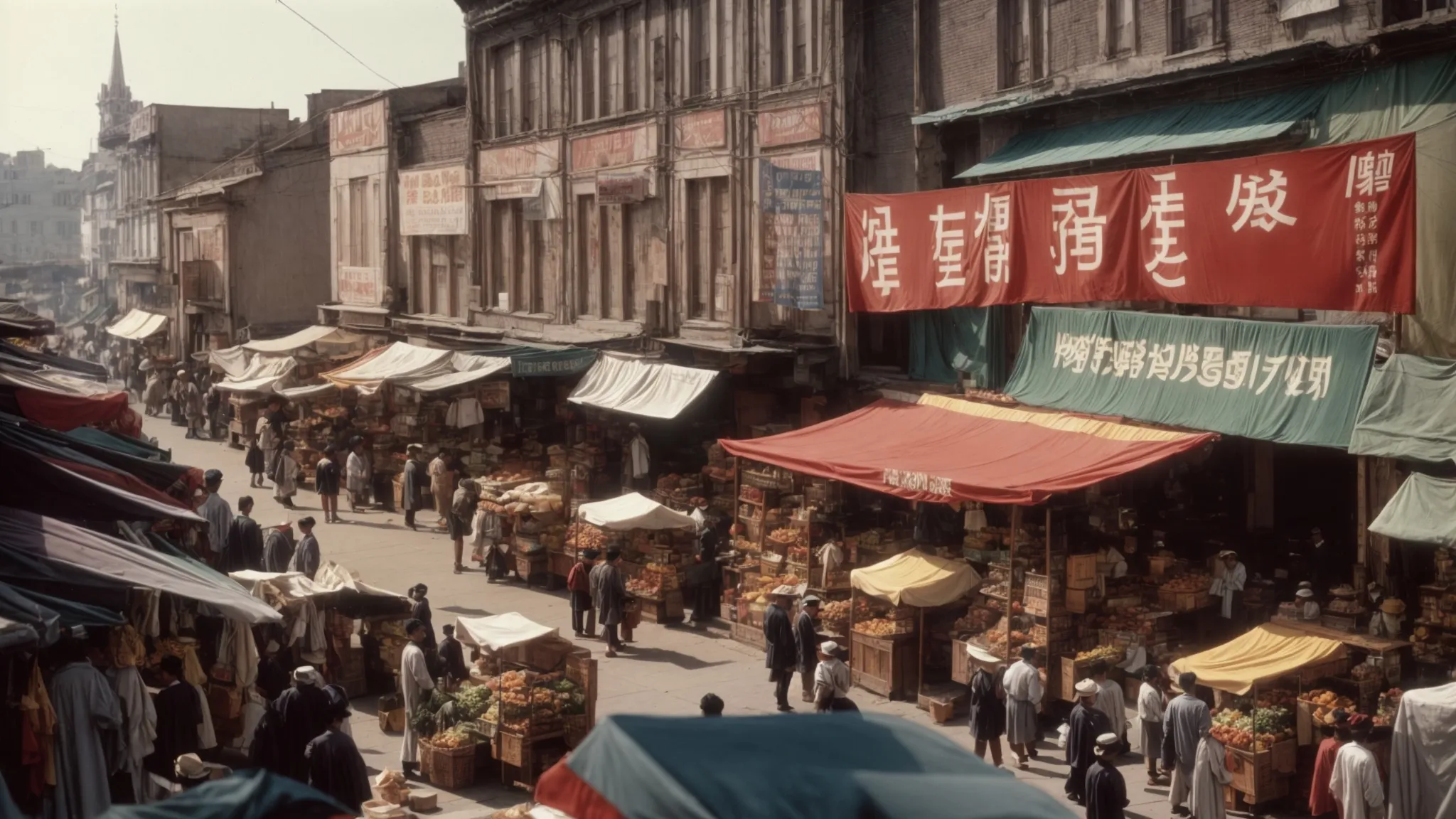 a bustling local market street with various storefronts and an overhead banner welcoming visitors.