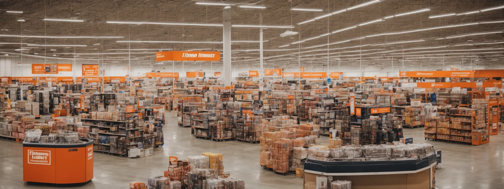 a panoramic view of a bustling home depot store interior, showcasing wide aisles filled with a variety of home improvement products.