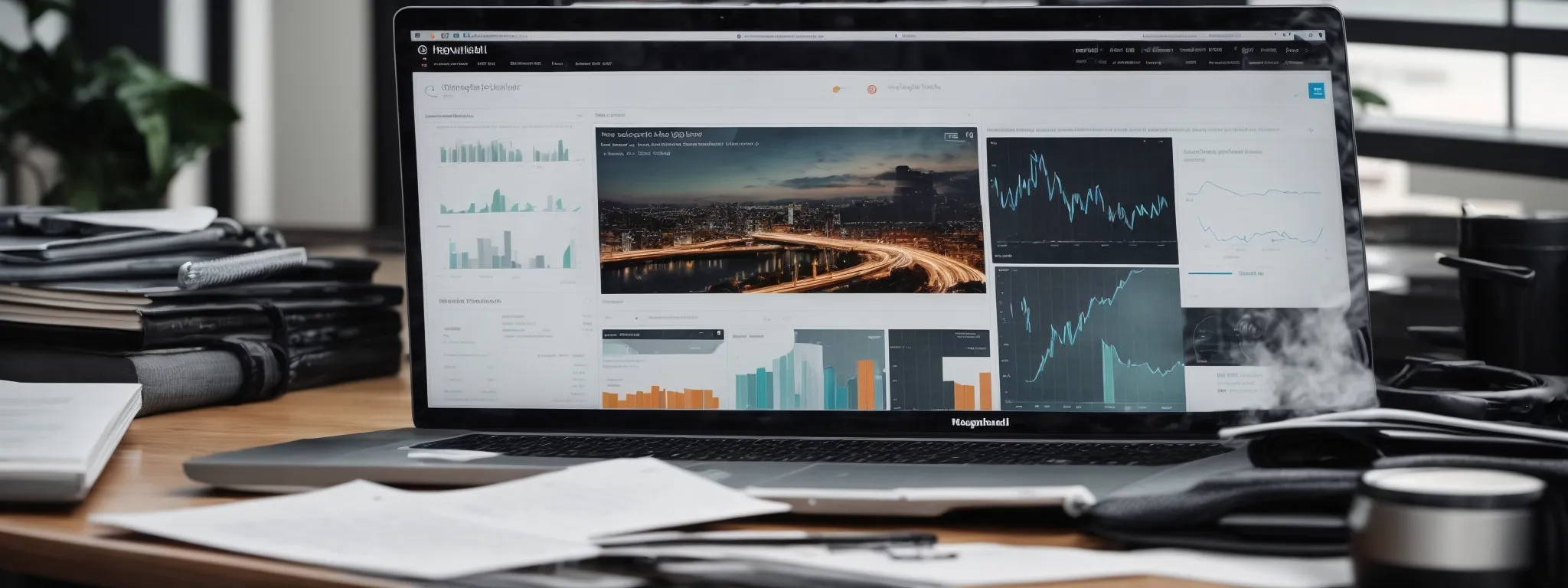 a laptop with analytics graphs displayed on the screen sits on a modern office desk, surrounded by marketing strategy reports.