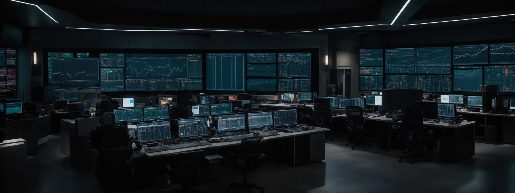 an expansive control room filled with large screens displaying dynamic data visualizations and graphs.