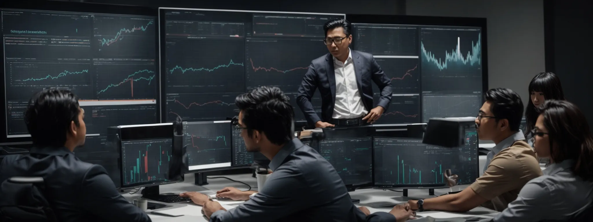 a group of marketing professionals analyzing graphs and charts on a computer monitor to assess seo strategy performance.