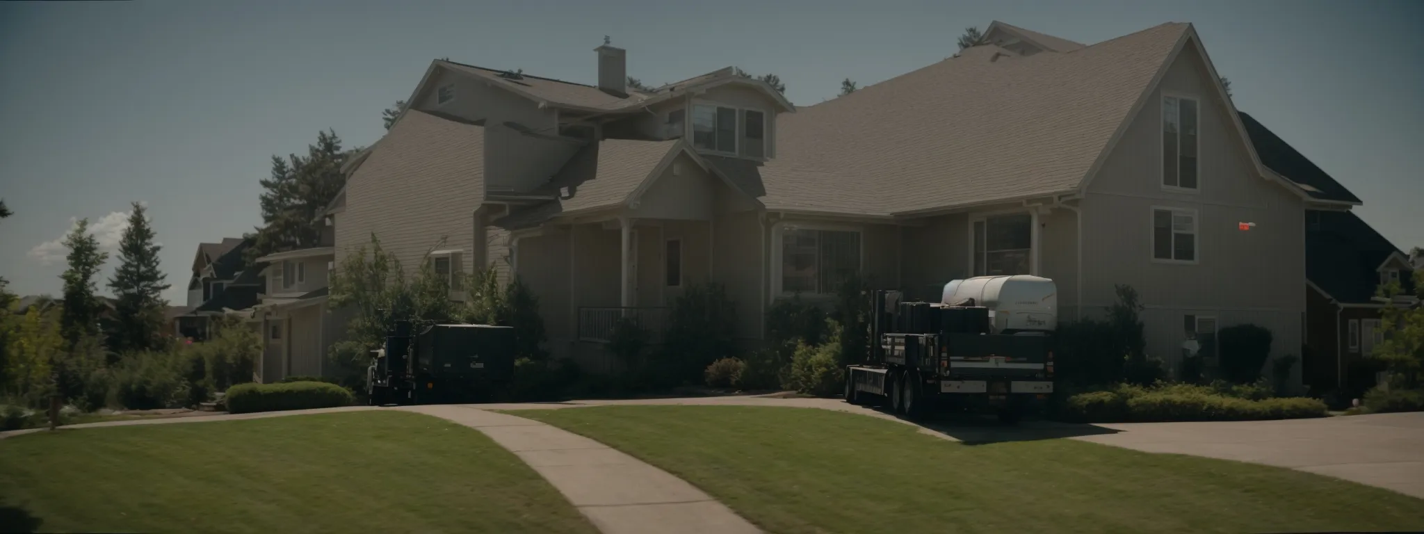 a moving truck is parked beside a row of suburban homes under a clear sky.