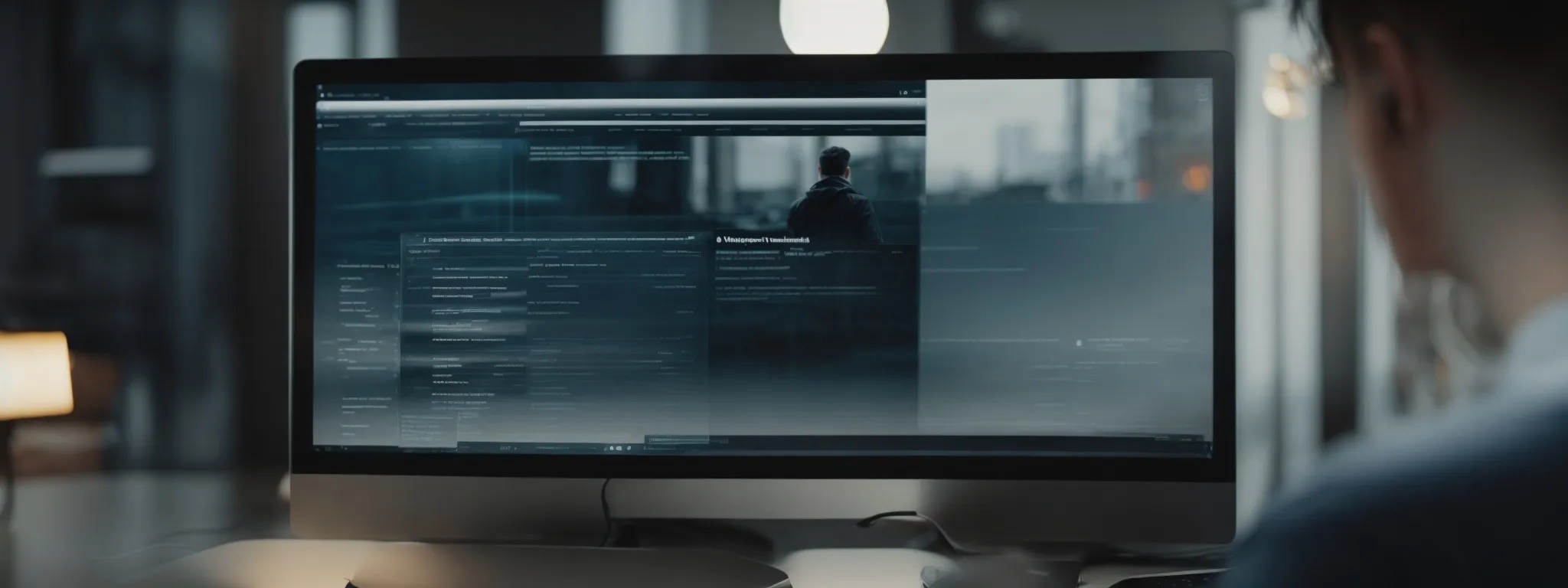 a blurred image of a person swiftly navigating through an ultra-modern, high-speed website interface on a sleek computer screen, symbolizing optimized user experience and fast site performance.