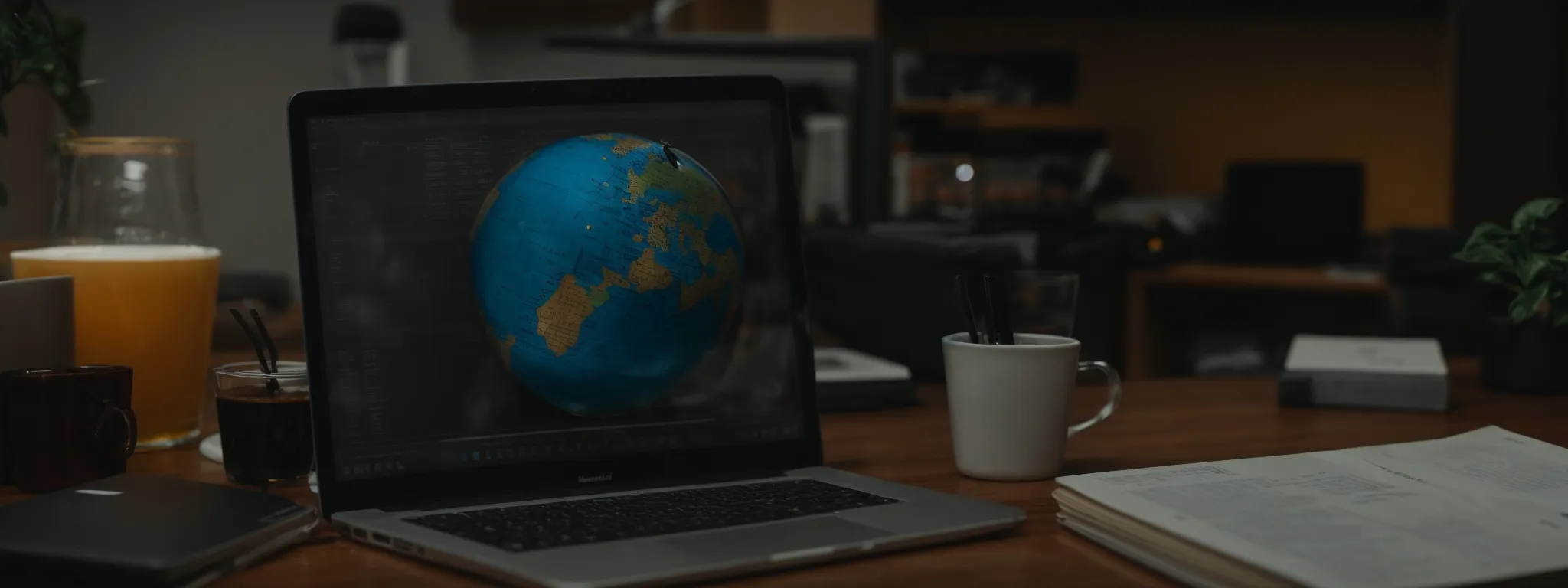 a globe centered on a desk with a laptop displaying charts and a pair of glasses resting beside it.