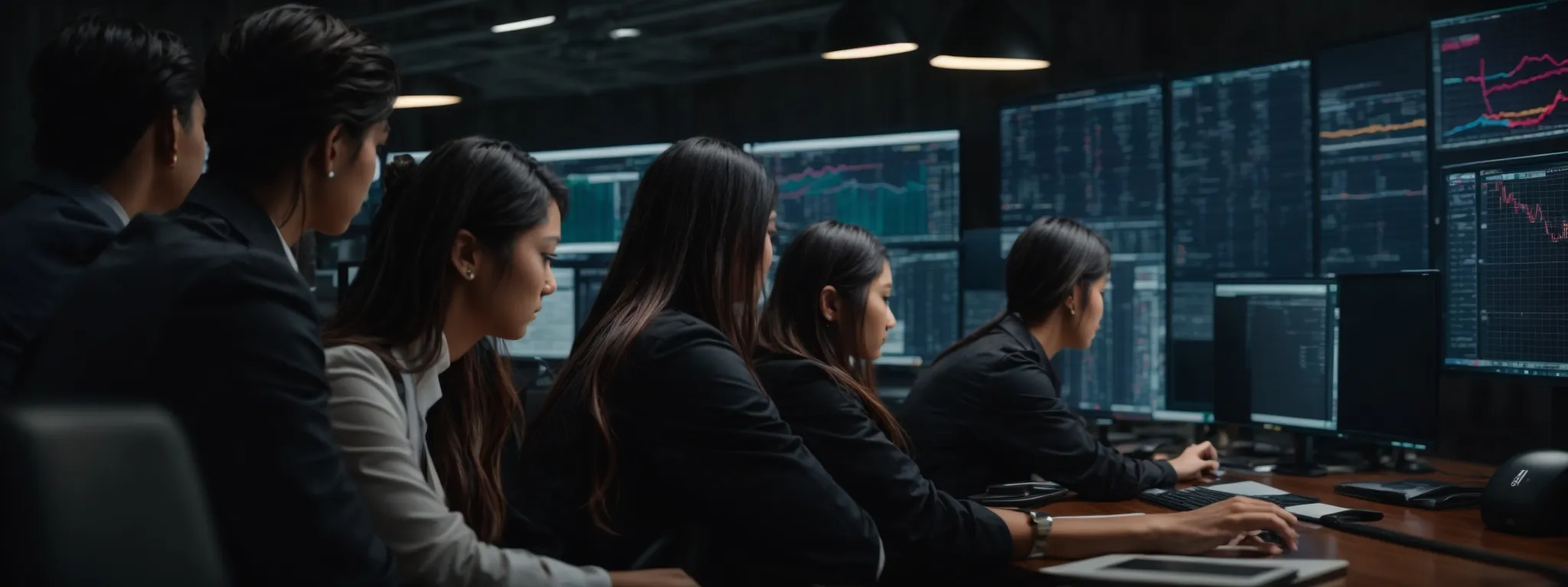 a marketing team intently gazes at a computer screen, analyzing colorful graphs and search query data.