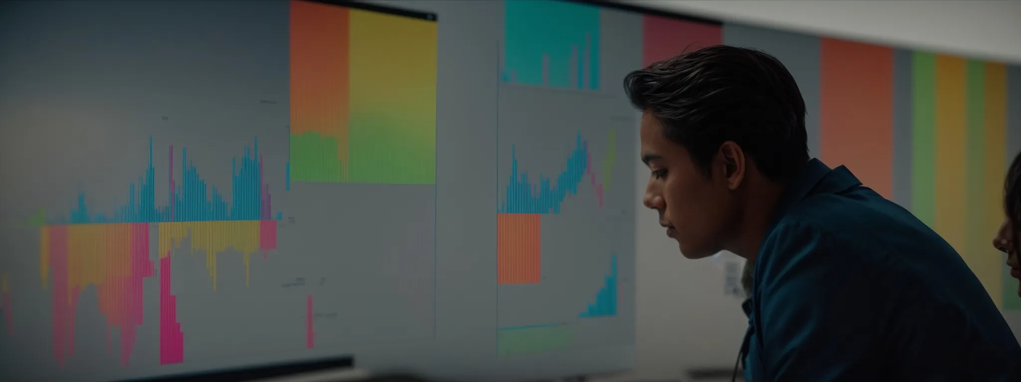 a marketing professional studies a colorful graph illustrating increasing trends on a computer screen.
