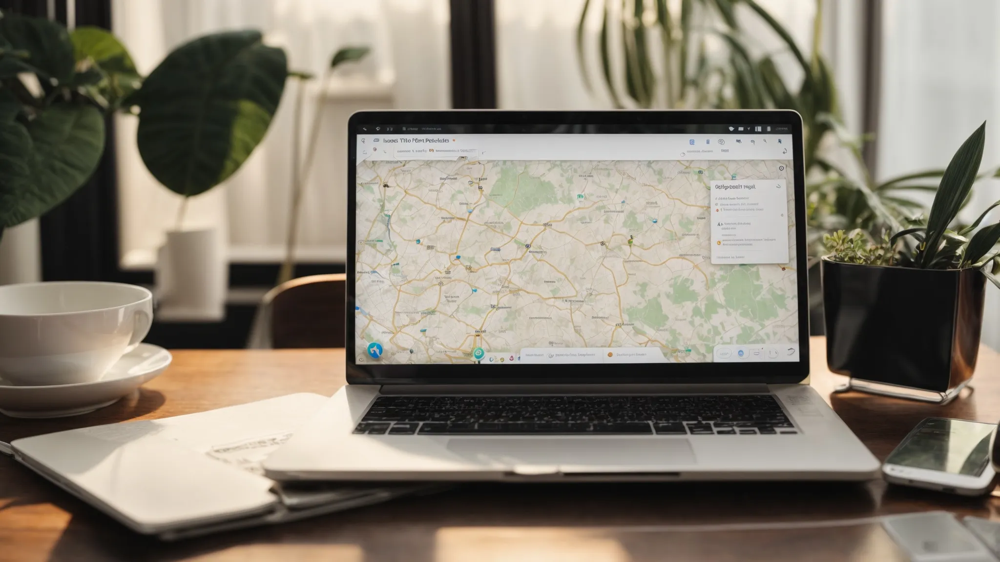 a laptop displaying a map with location pins and search engine results dominates a desk, symbolizing local seo optimization.