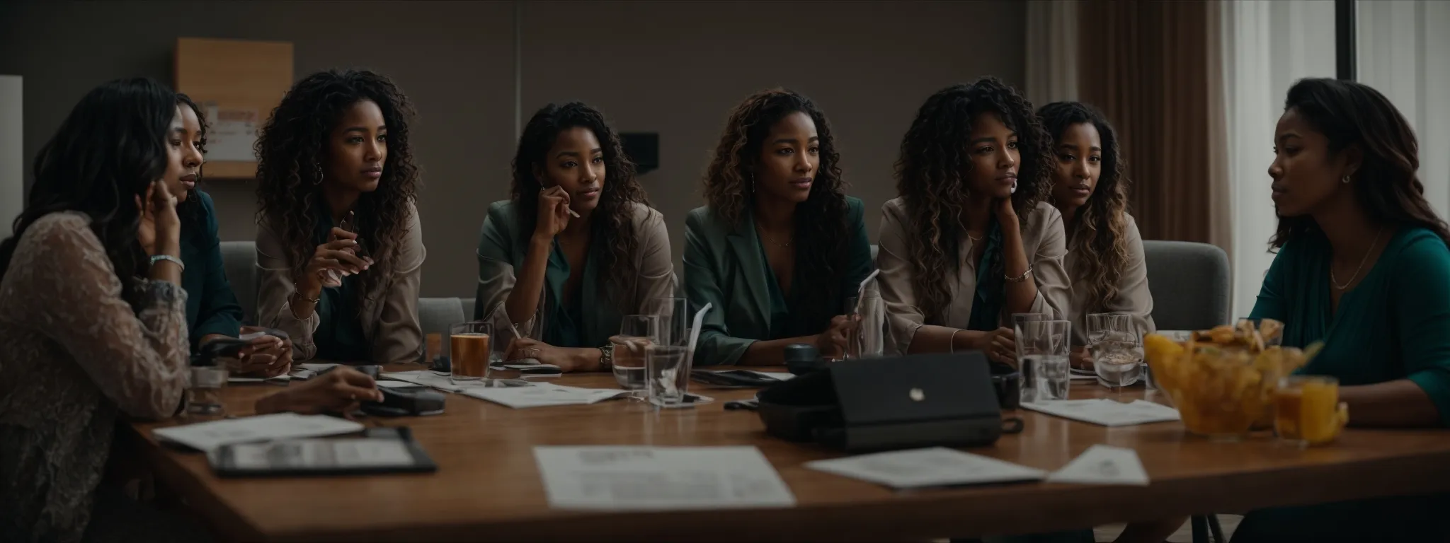 a group of diverse women gathers around a conference table, actively engaging in a discussion about digital strategies.