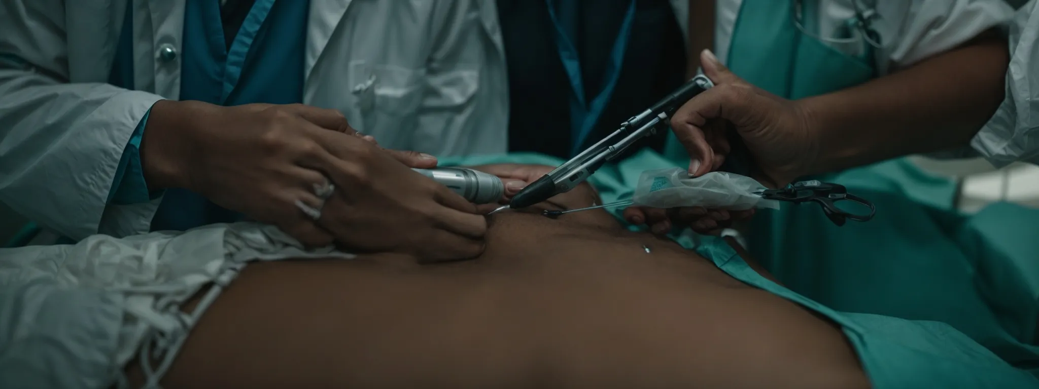 a surgeon performing a delicate operation, with a close-up on the precise tools and surgical procedure.