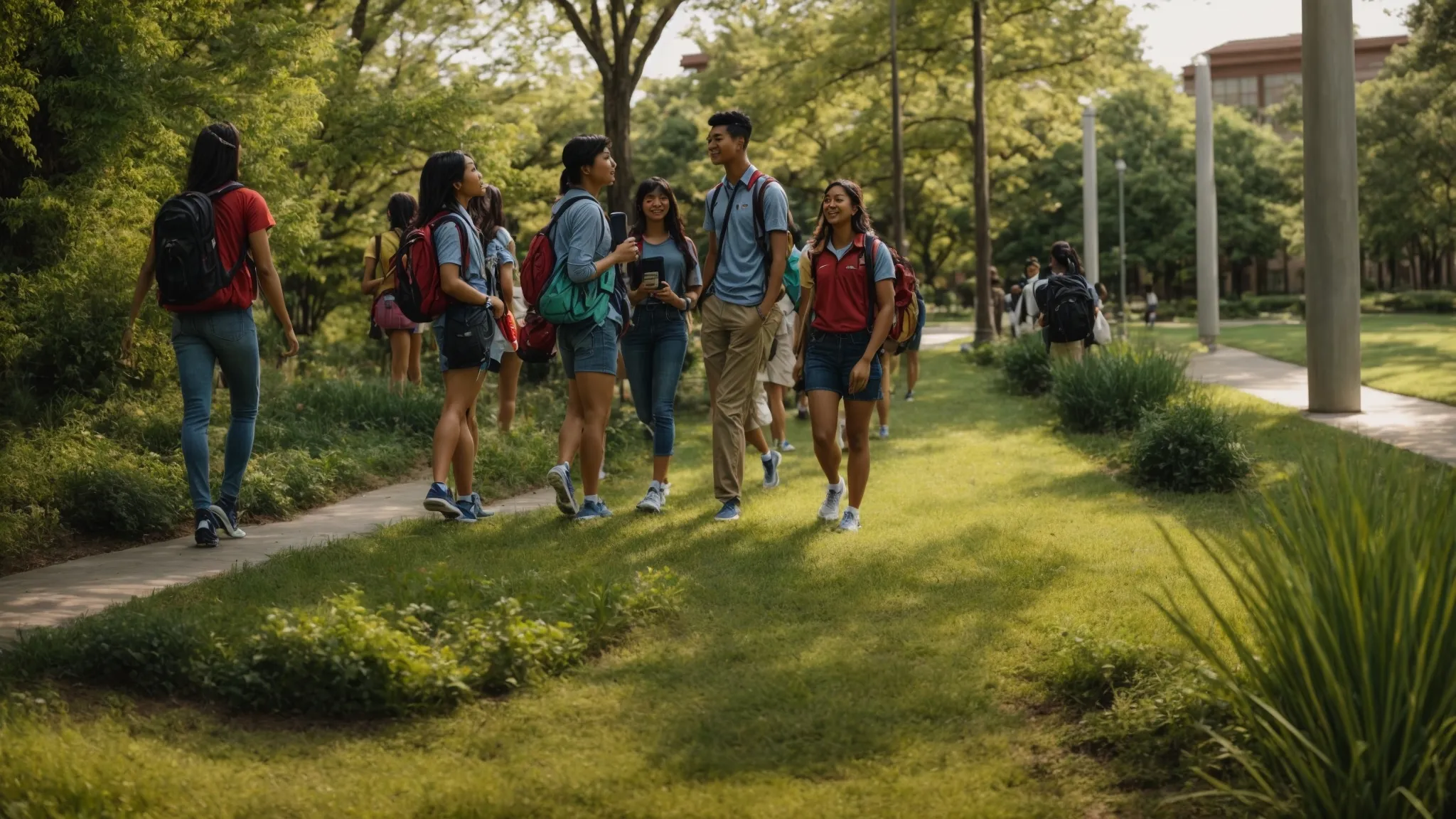 a campus tour guide leads a group of prospective students around the verdant university grounds.