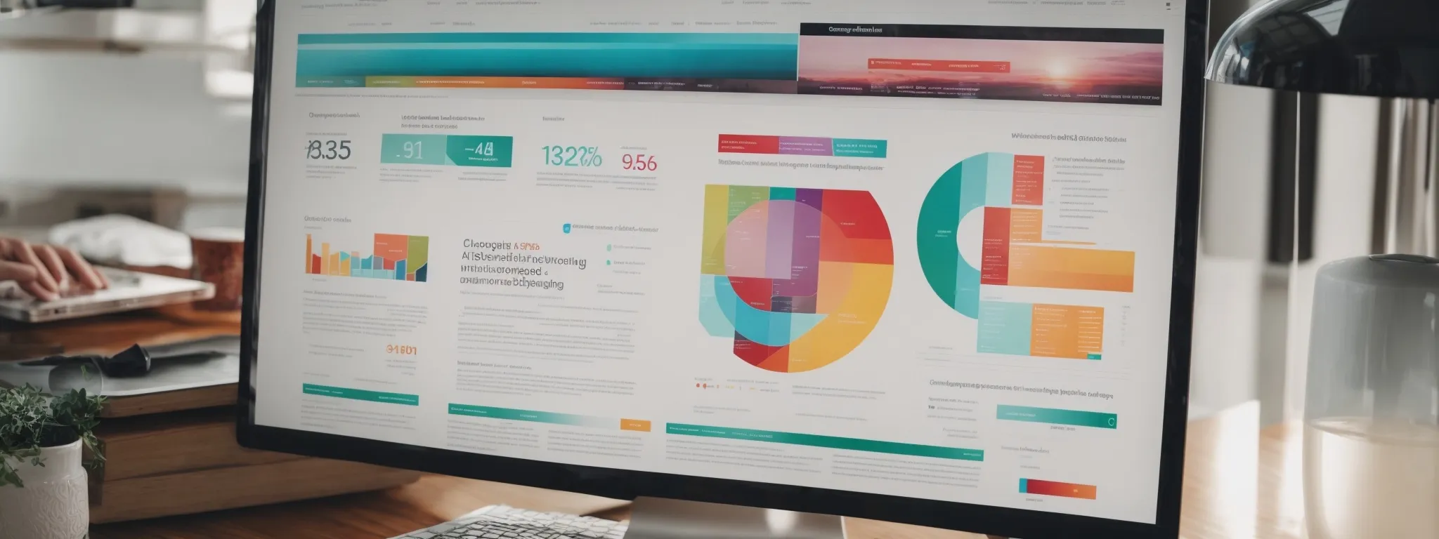 a computer screen displaying an engaging, colorful infographic next to a well-organized text article on a digital marketing website.