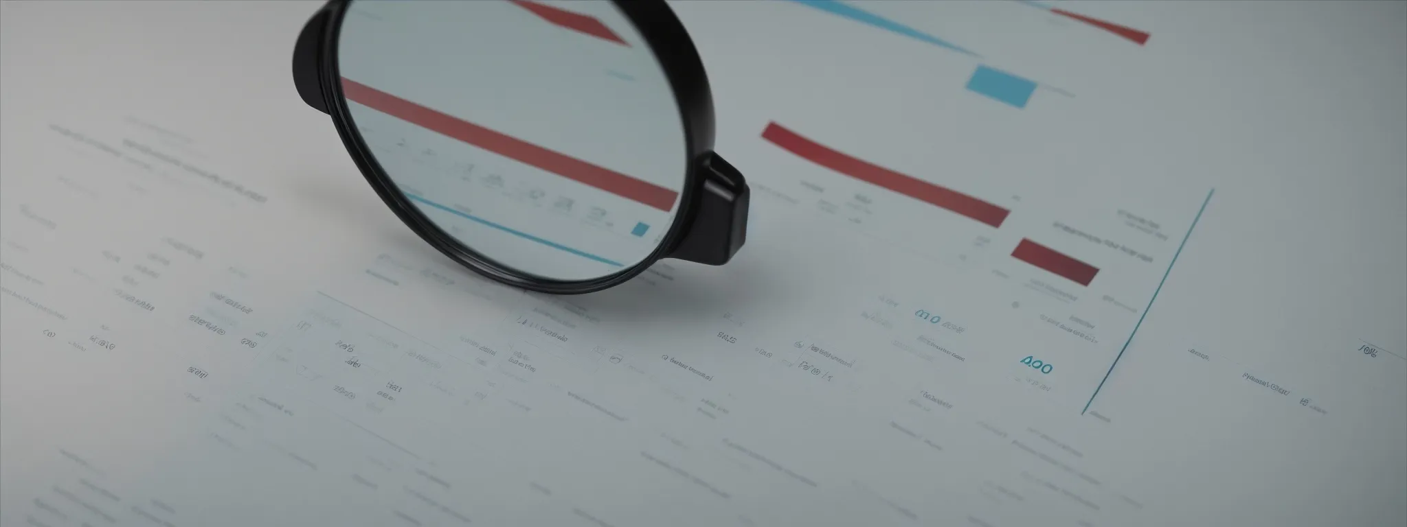 a close-up of a magnifying glass on a page filled with graphs and analytics charts.