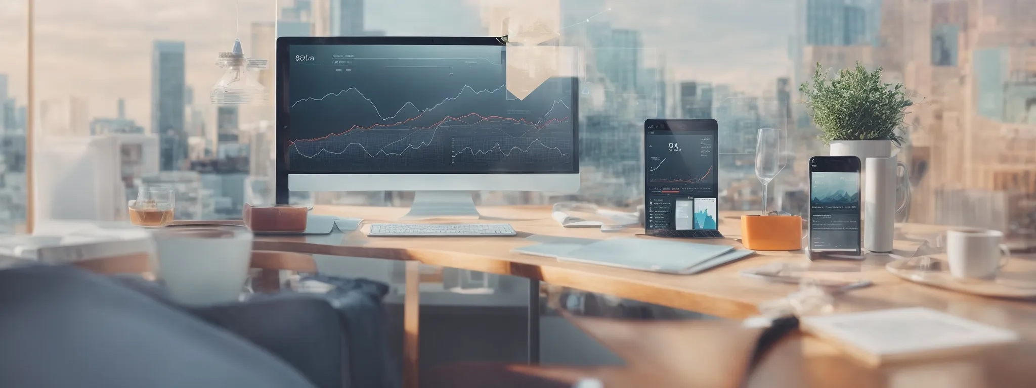 a simplified illustration of a fluid website layout adapting seamlessly across different devices against the backdrop of a rising graph symbolizing seo growth.