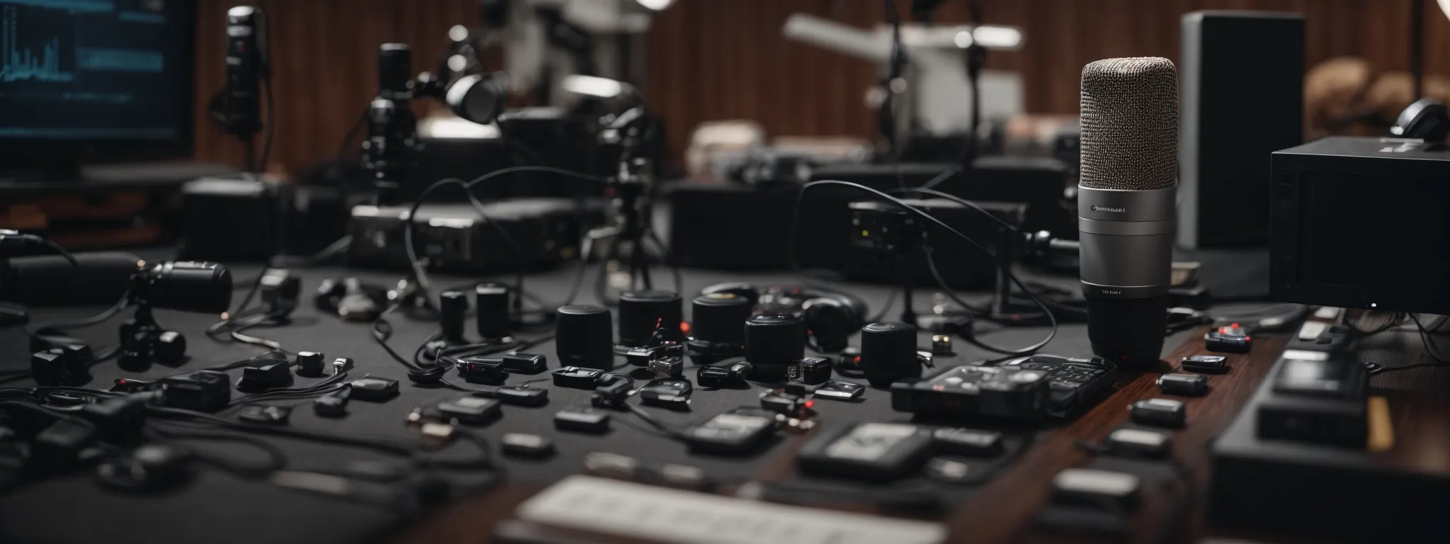 a microphone surrounded by an array of modern digital devices signifying podcast production and seo analytics.