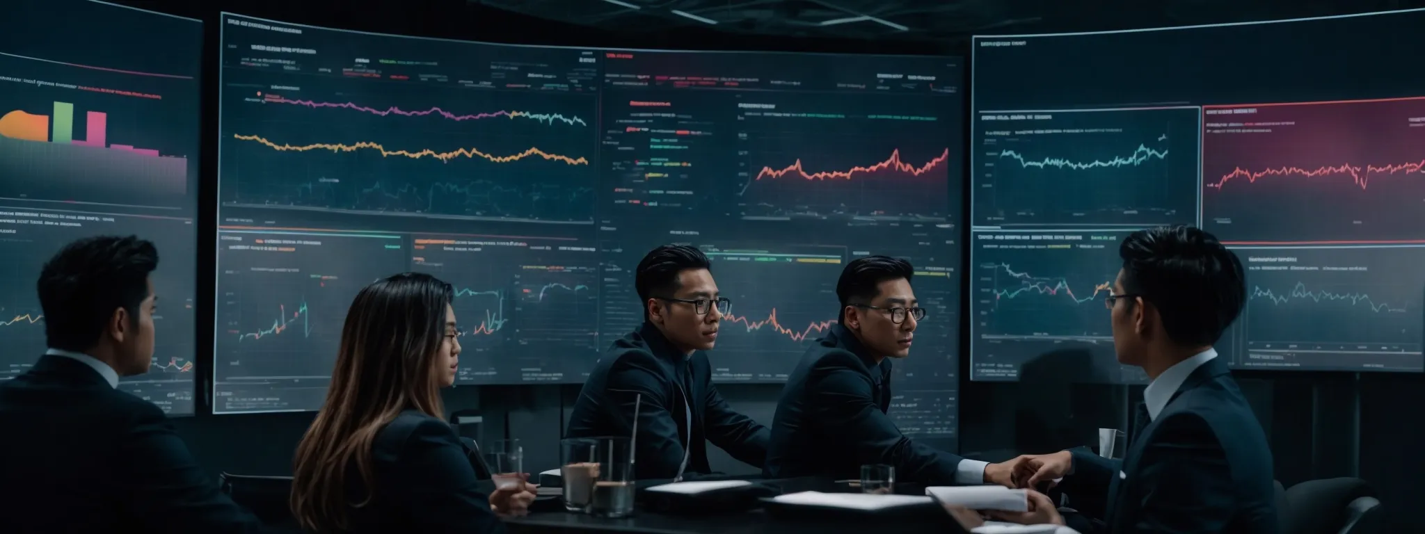 a team of professionals discusses around a big screen displaying colorful graphs and analytics dashboards, symbolizing data-driven seo strategies.