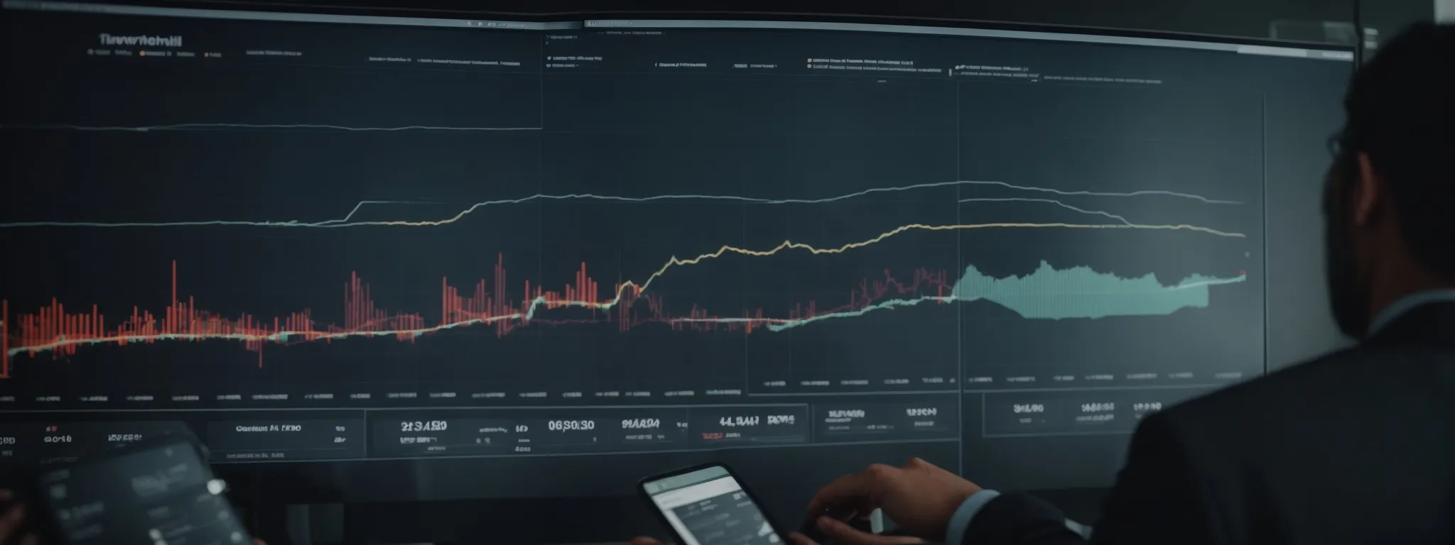 a businessperson reviewing growth charts on a screen displaying website traffic and sales metrics.