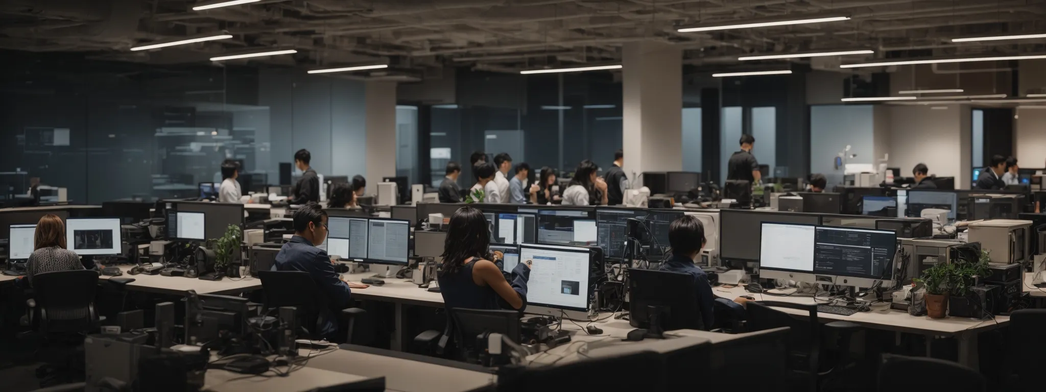 a bustling tech office with diverse professionals working on computers in a collaborative, modern workspace.