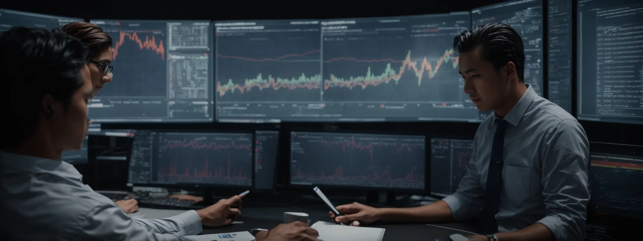 a team of professionals analyzes data on a large screen displaying graphs and charts related to search engine performance.