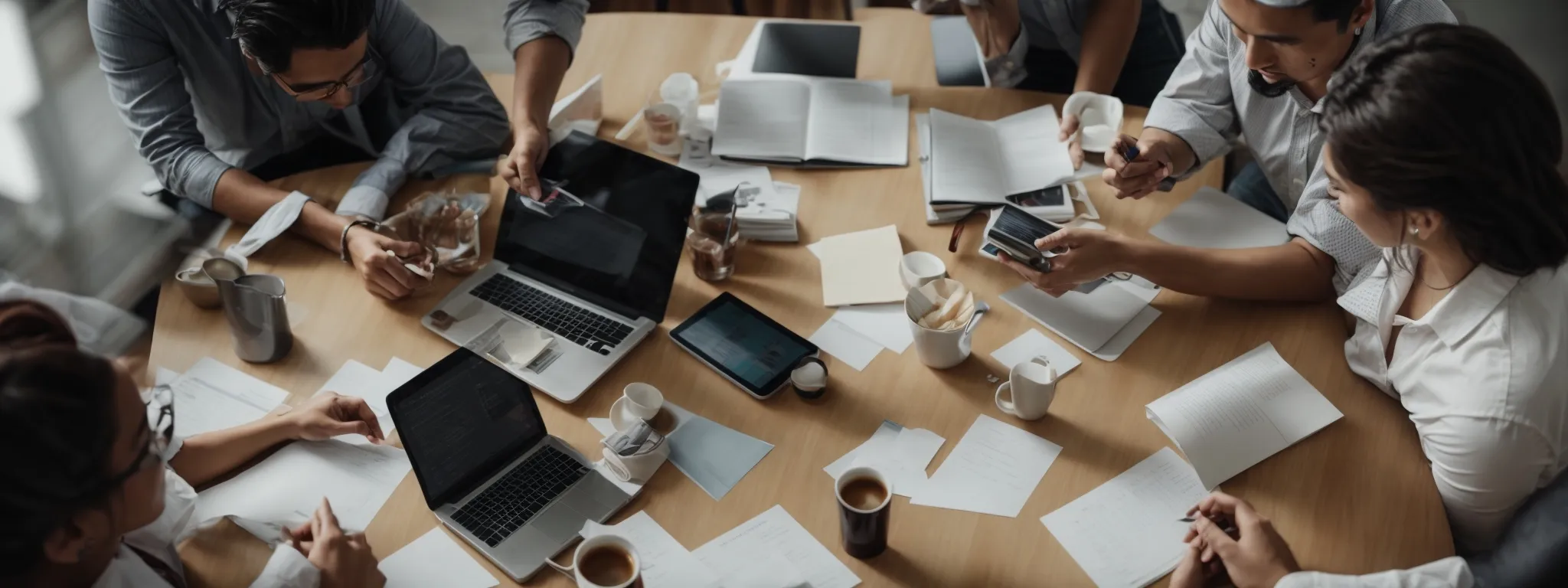 a group of business people engaging in a brainstorming session around a large table with digital devices and notes, symbolizing strategy enhancement through external feedback.