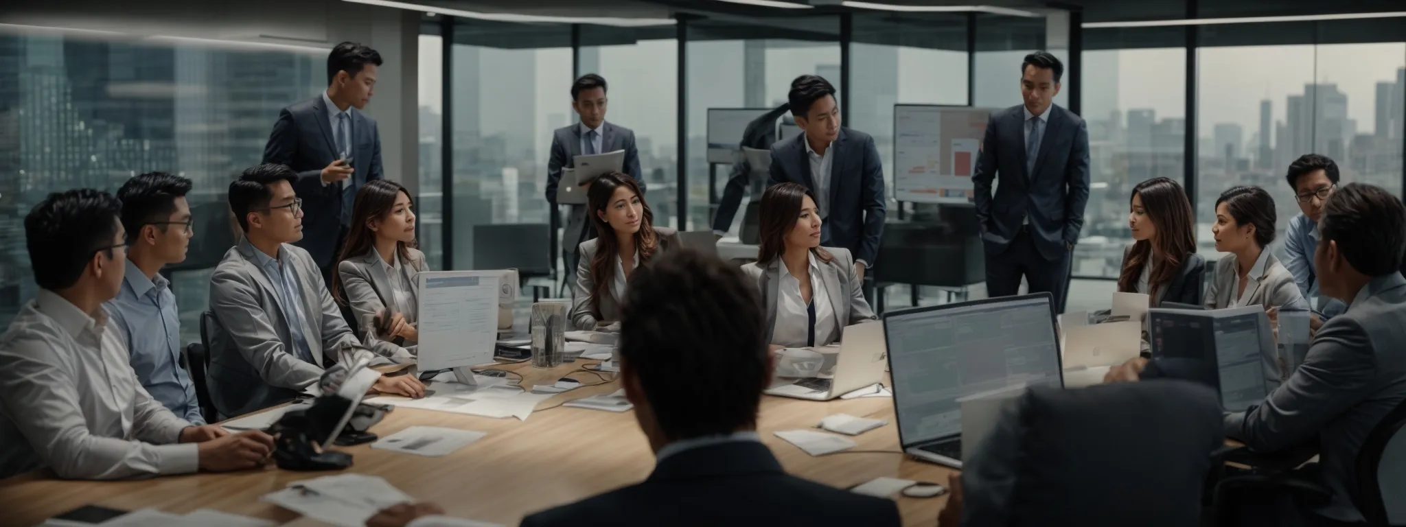 a group of marketing professionals gathered around a conference table, actively discussing charts and analytics displayed on a monitor.