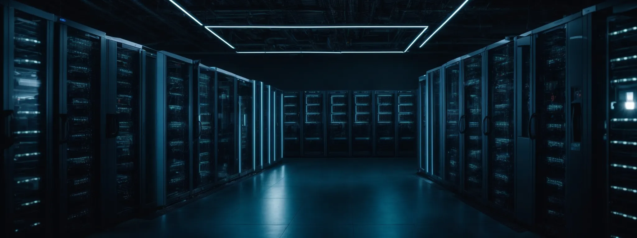 a secure server room with rows of computers and flashing lights indicating active data protection for seo rank tracking.