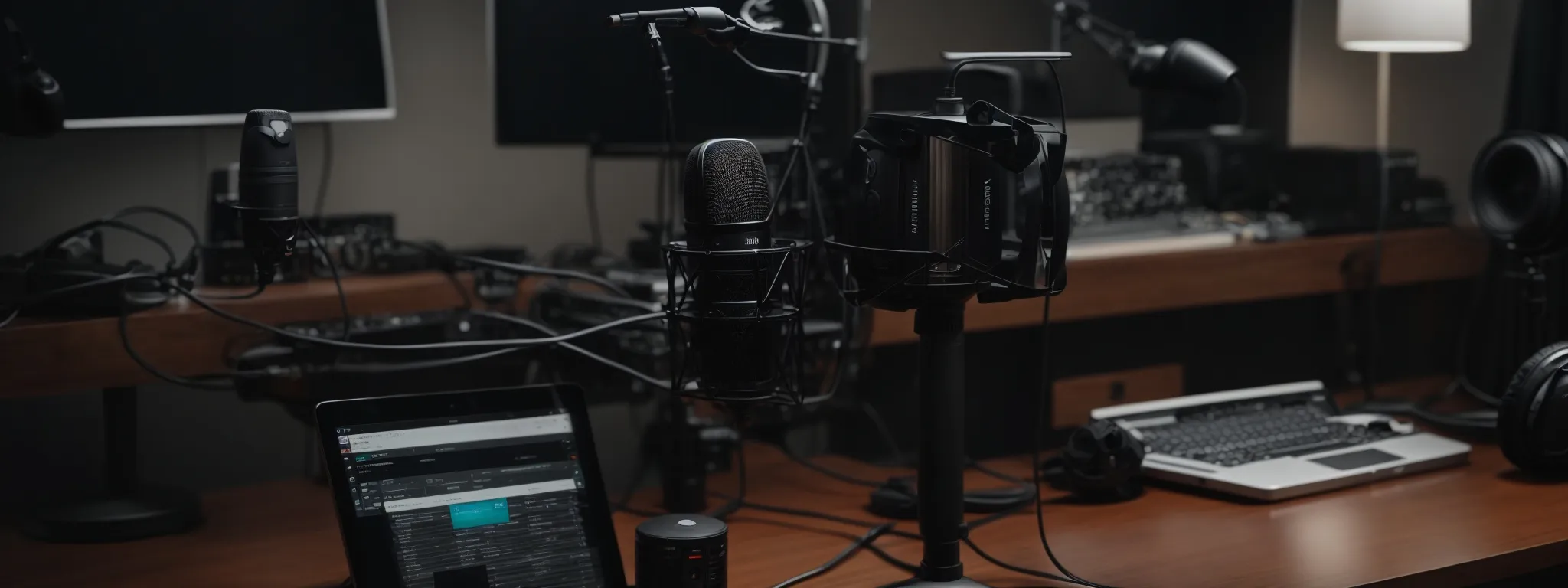 a podcast studio setup with microphones and headphones on a table, suggesting an in-depth discussion on seo and backlink strategies.