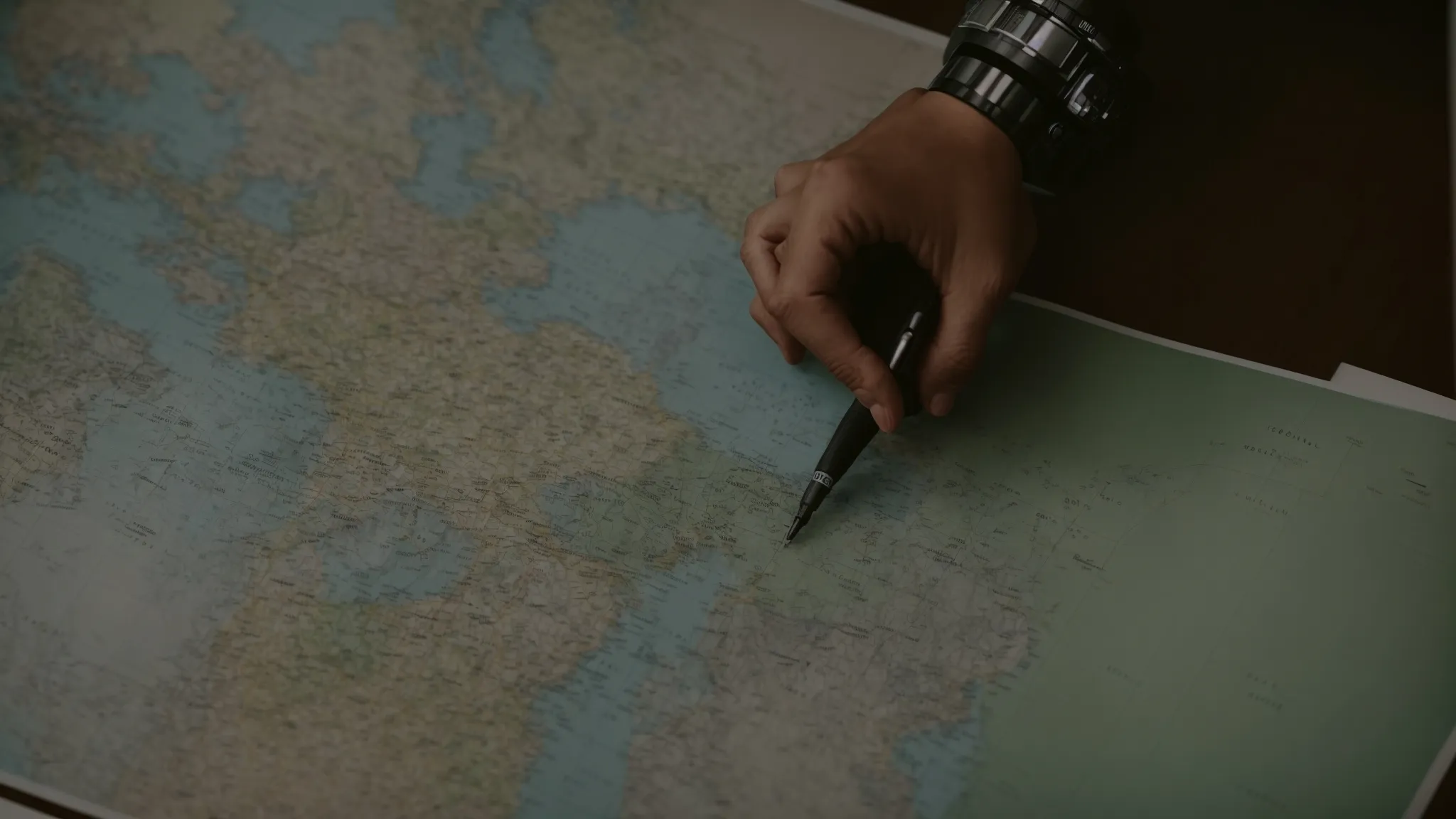 a person at a computer desk, brainstorming over a map marked with various regional highlights.