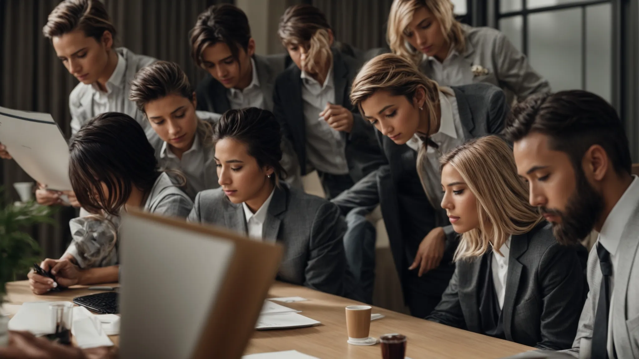 a group of professionals gather around a large table, intently focusing on a presentation about successful seo strategies.