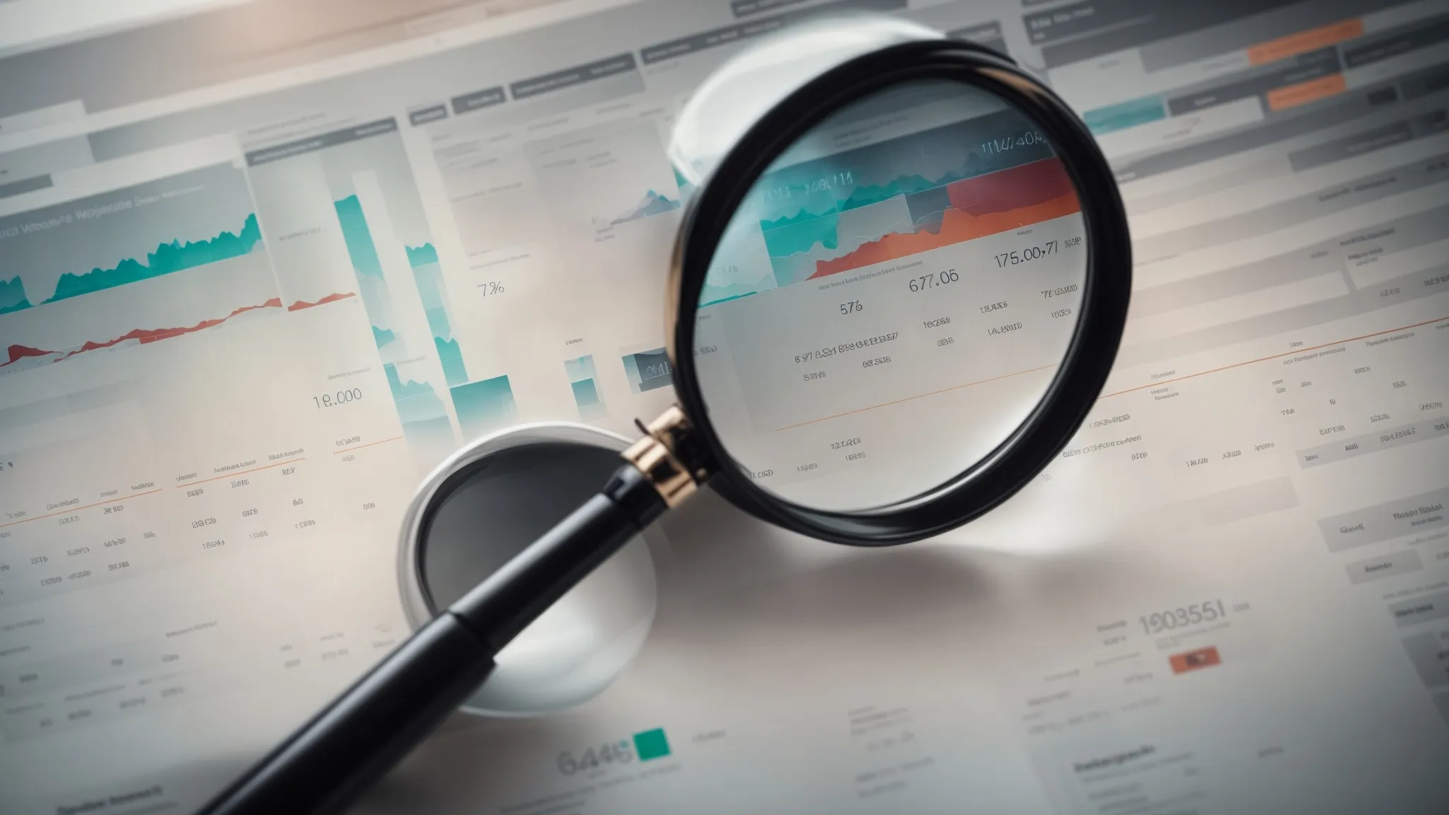 a magnifying glass over a complex web analytics dashboard, highlighting key metrics.
