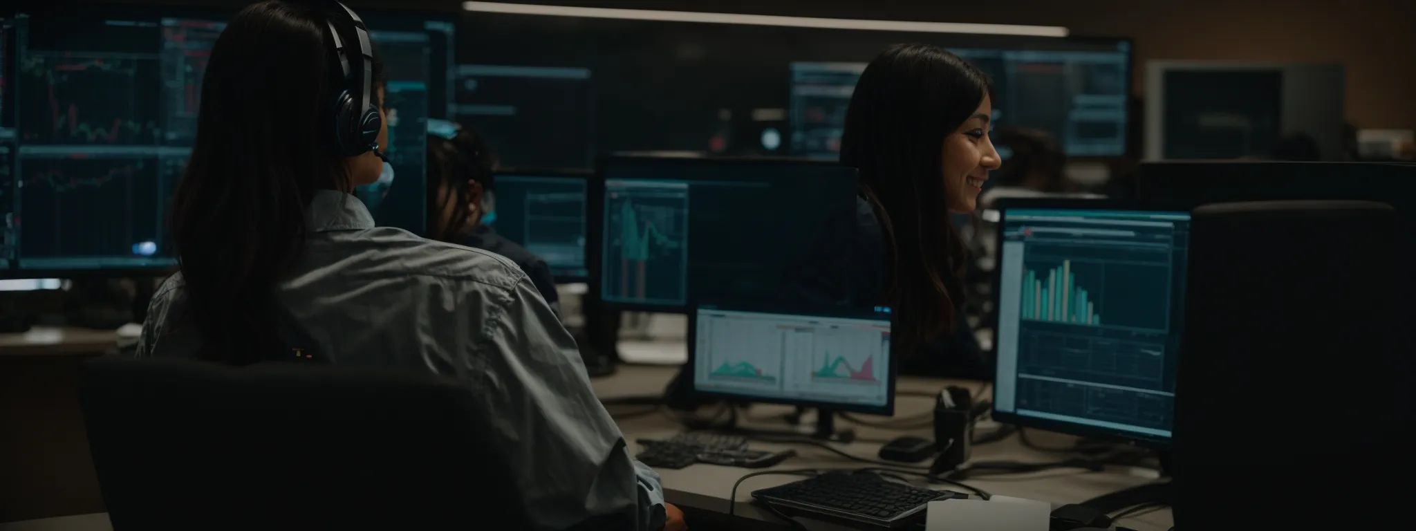 a customer service agent wearing a headset smiles engagingly while sitting in front of a computer with analytics displayed on the screen.