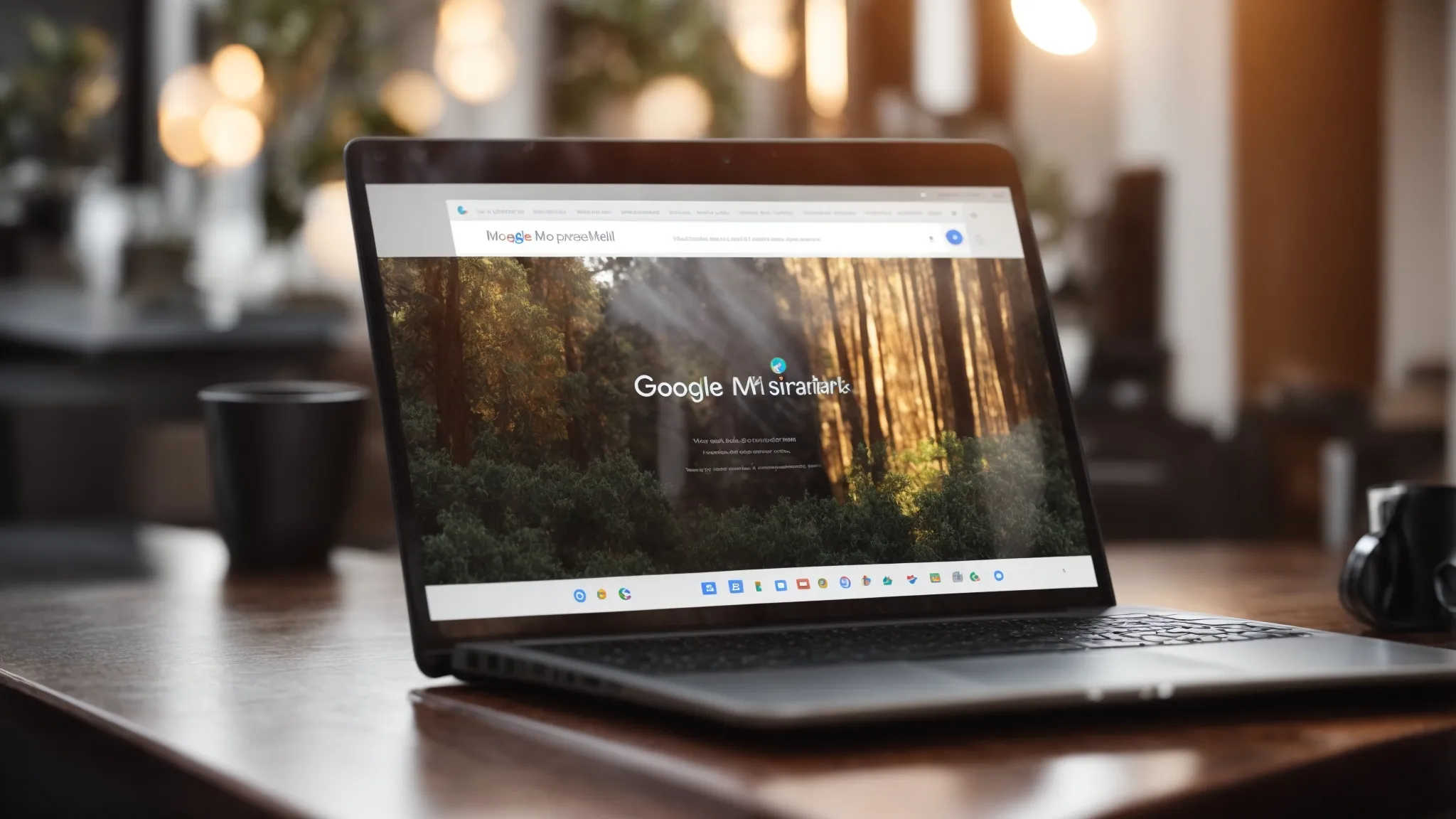 a laptop displaying a google my business profile on its screen, situated on a clean, modern desk with soft lighting.