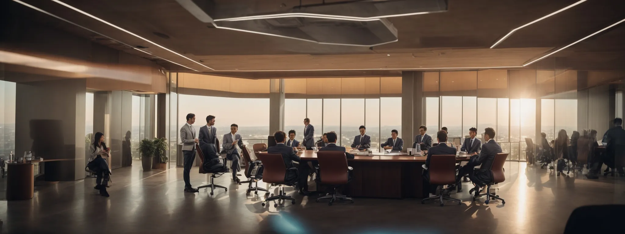 a group of professionals clustered around a high-tech conference table as the evening light bathes the modern meeting room.